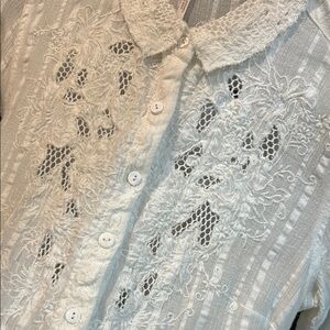 Free People White Lace Collar Embroidered Button Up